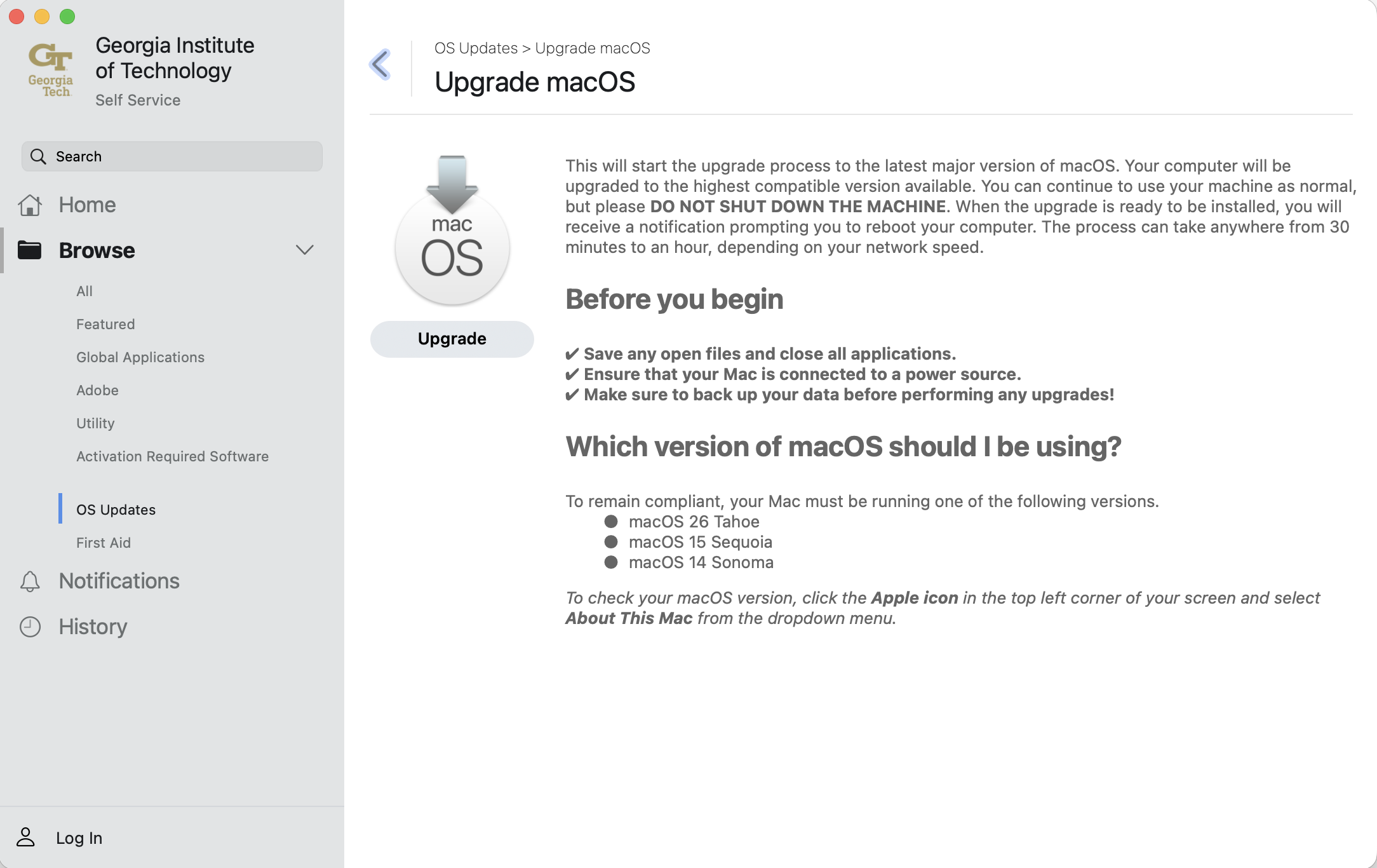 The Self Service app showing the description pane for Upgrade macOS