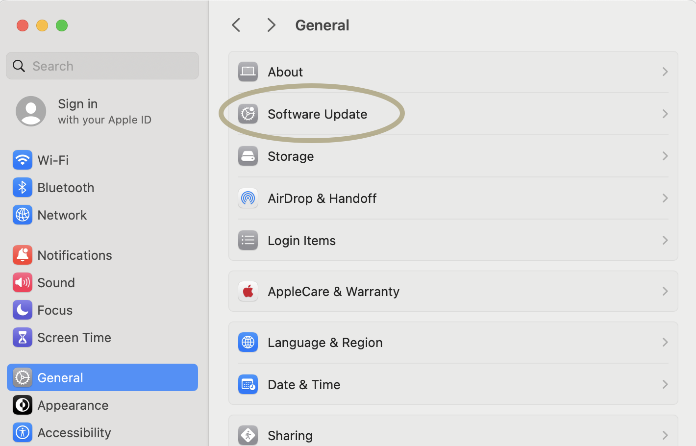 The macOS System Setting General pane with Software Update circled. 