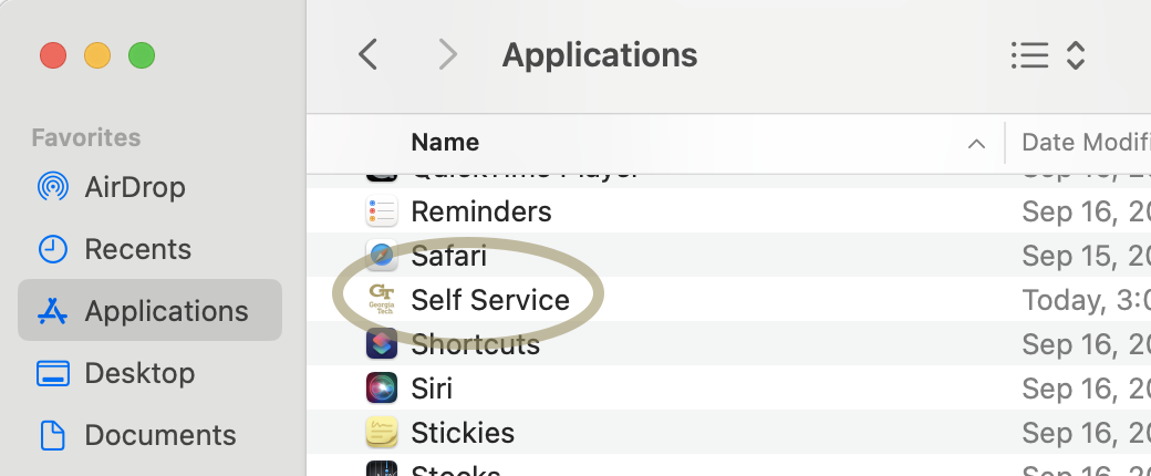 The Finder application showing Applications in list view with the Self Service app shown.