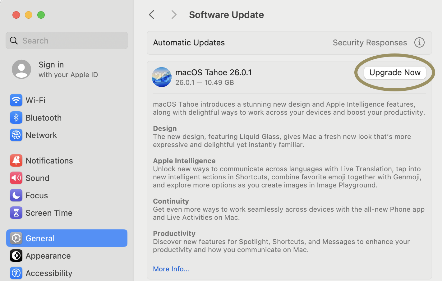 The macOS System Setting Software Update pane with Upgrade Now button shown.